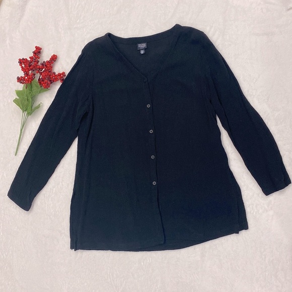 Eileen Fisher Black Buttons Down Cardigan Tunic Crinkle Texture Fabric Size PM ! - Picture 3 of 10